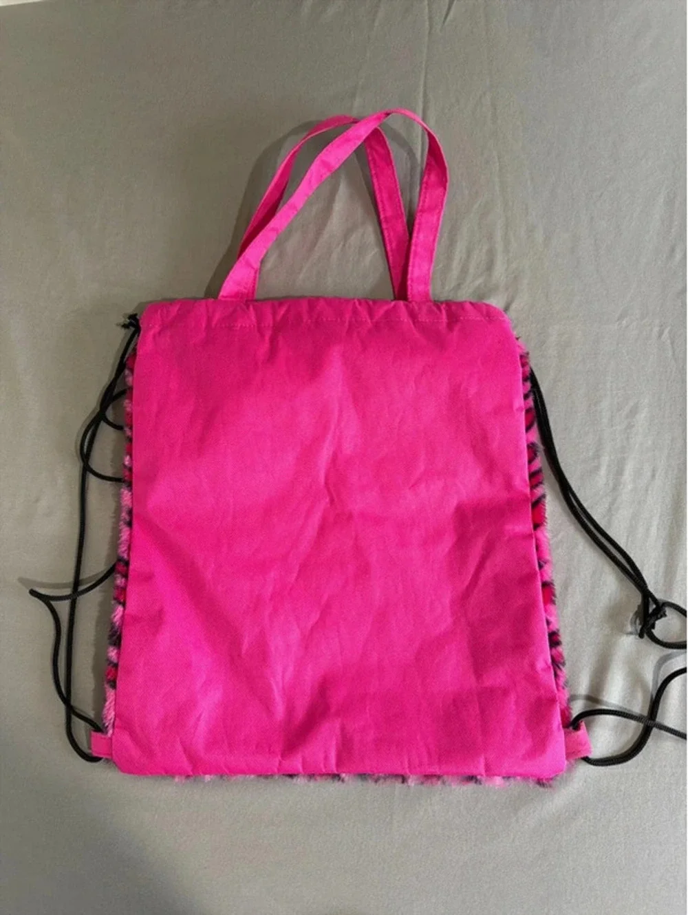 Pink Leopard Print Faux Fur Drawstring Backpack with Cute Face Design